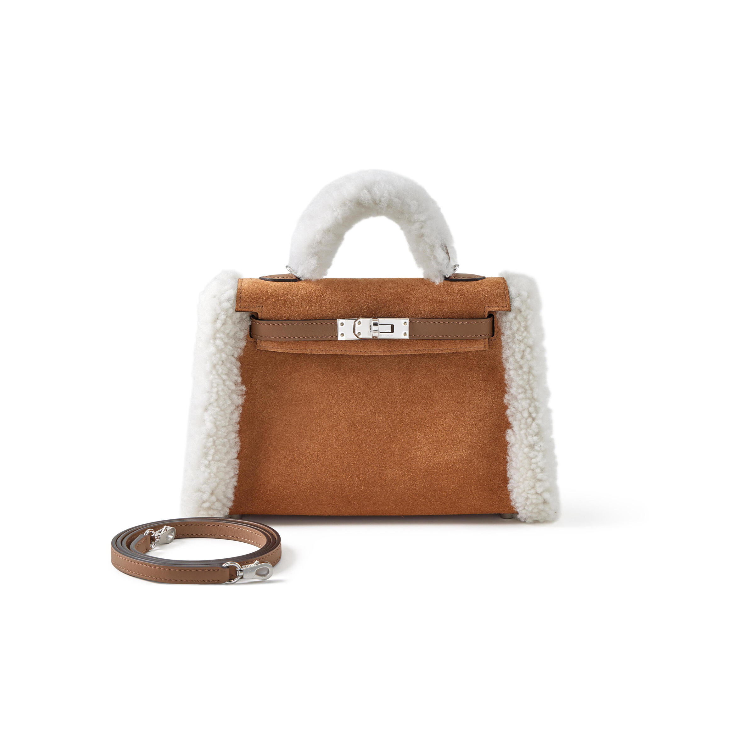 H**me5 limited edition alezan swift, chamois grizzly and ecru shearling teddy plush mini kelly ii 20 palladium hardware h084115ckac (19*12*6cm)